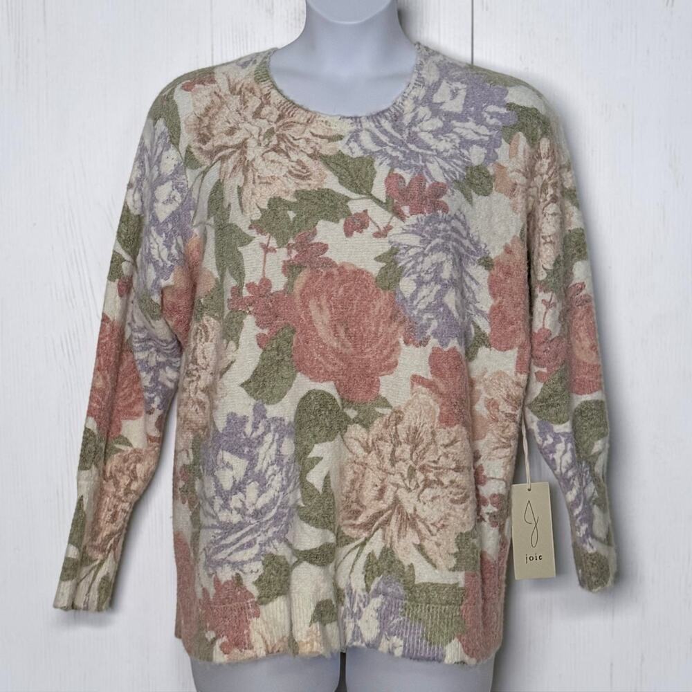 Joie Floral Fuzzy Knit Sweater Crew Neck Cottagecore Plus Size 1X NWT